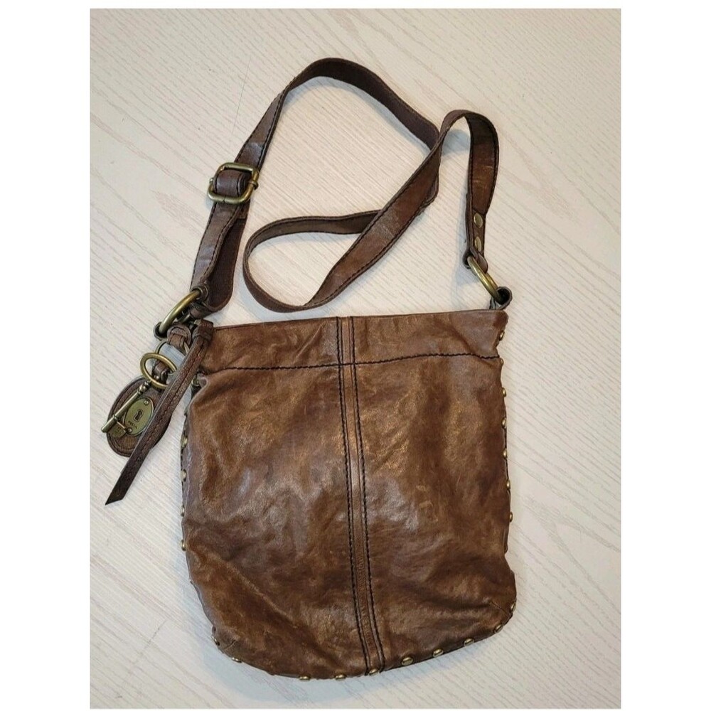 VTG Fossil Long Live Leather Crossbody Handbag Brown Brass Studded Boho Hippie